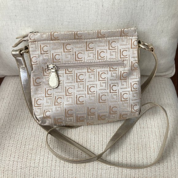Liz Claiborne Fabric Faux Leather Gold Cream Crossbody Shoulder Handbag - Picture 1 of 9